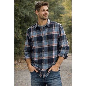 Eddie Bauer Mens L Flannel Button Up Plaid Shirt Blue Red Layering Classic